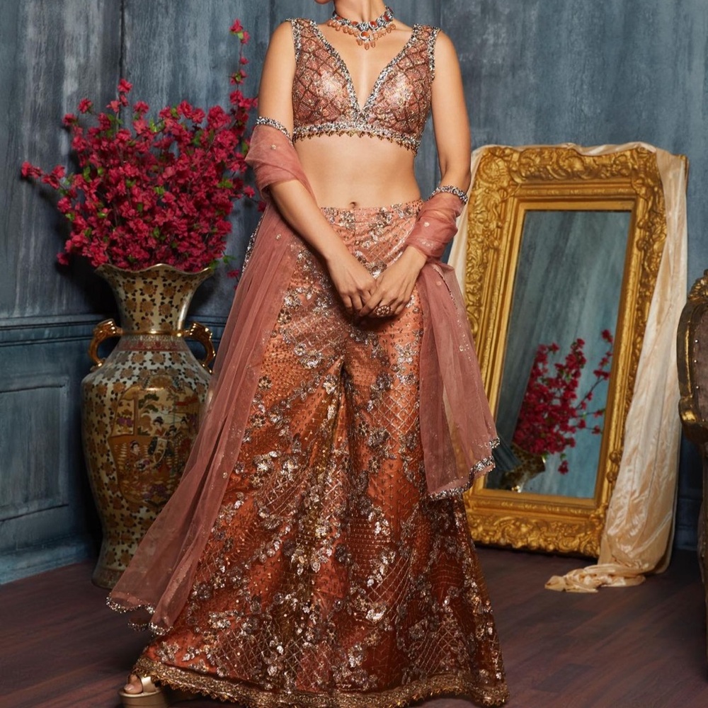 Lashkaraa Dark Peach Sequins Embroidered Crop Set